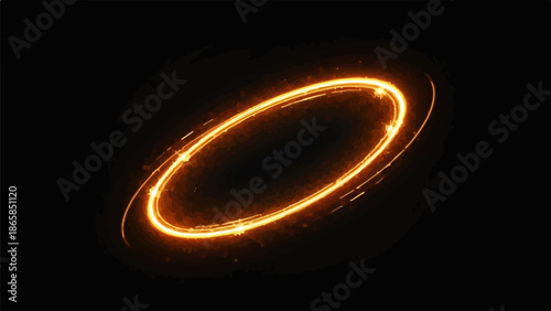 An elliptical golden light ring swirls on a black background