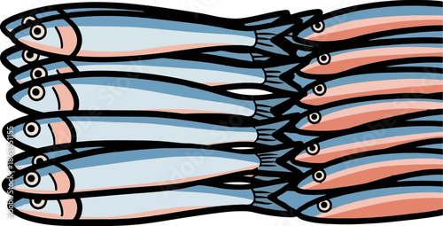 A stack of stylized, cartoonish fish, predominantly blue and pink, with black outlines