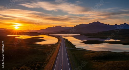Scenic Highway Sunrise Over Icelandic Mountains and Lakes
