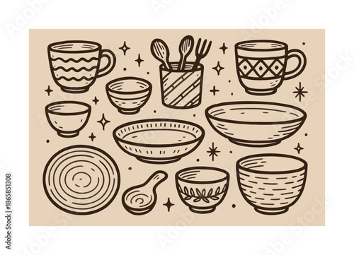 Hand-Drawn Kitchen Pottery. Kitchen pottery. Hand-drawn doodle illustration Kitchen pottery bowls, plates, mugs, utensil holder, serving platter, clay lines,