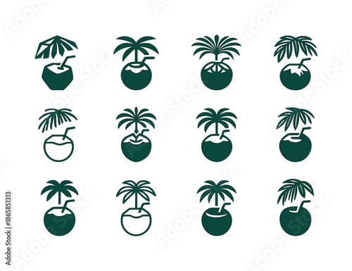 Coconut Drink Logos. coconut drink. Icon set. Set Logo of coconut drink: coconut with straw under palm leaf shade. harmonious logo variations of the same