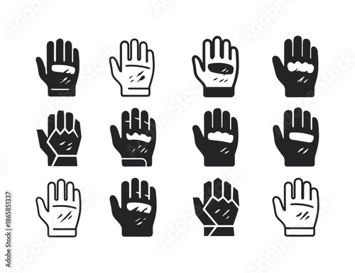 Worn Gloves Logo Variations. Worn gloves. Icon set. Set Logo of worn gloves: scuffed motorcycle glove. harmonious logo variations of the same emblematic