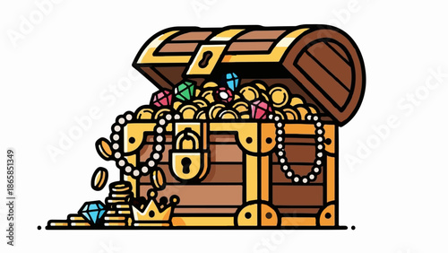 An open treasure chest overflowing with golden coins, colorful gems, and pearl necklaces