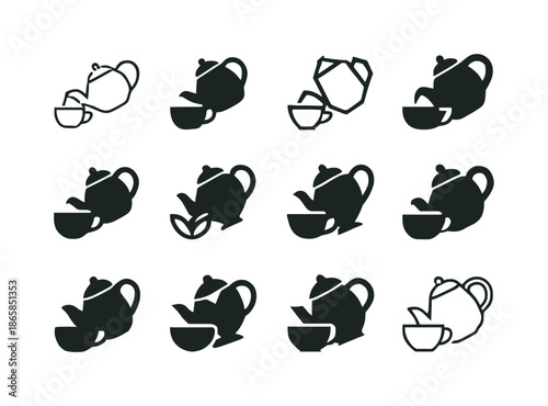 Teapot Logo Variations. Teapot. Icon set. Set Logo of teapot: teacup with teapot relation. harmonious logo variations of the same emblematic concept, each with