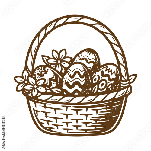 Vintage Brown illustration of a wicker basket filled with decorated Easter eggs and flowers isolated on transparent background