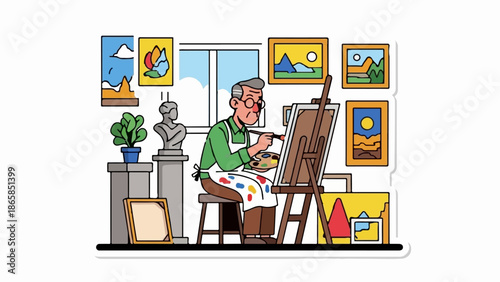 An elderly artist in a green shirt and colorful apron sits on a stool painting on an easel in his studio