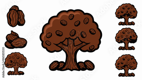 Cartoon illustration of a cocoa tree with pods and beans