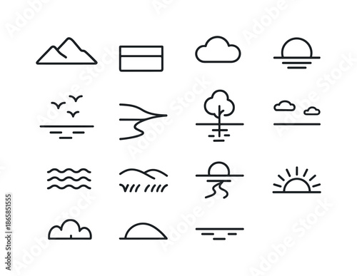 Tranquil Scenery Icons. Tranquil scenery. Line icon set of tranquil scenery: mountain silhouette, lake horizon, soft cloud, sun reflection, birds in distance,