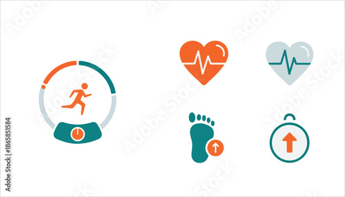 Collection of health and fitness tracking icons including running, heart rate, steps, and timer for activity monitoring.