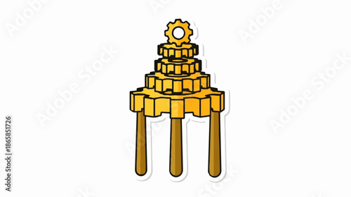 A stepped tower of gears supported by three thick legs