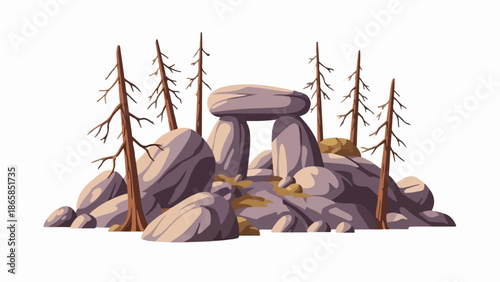 Ancient stone structure stands amidst bare trees and rocky terrain