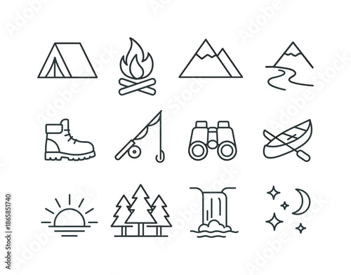Outdoor Adventure Icons. Road trip ? Outdoor Adventures. Line icon set of Road trip ? Outdoor Adventures: tent, campfire, mountain, river, hiking boots,