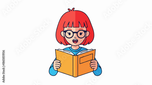 Animated girl with red bob haircut and glasses reads an open book