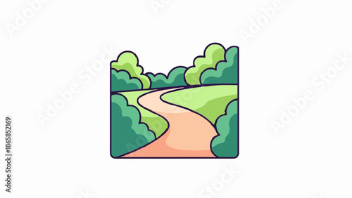 A winding path curves through lush green parkland, bordered by trees