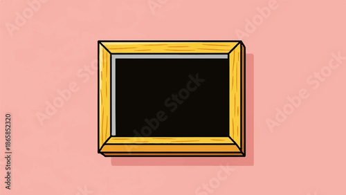 A simple, cartoonish blackboard with a wooden frame rests on a pink background