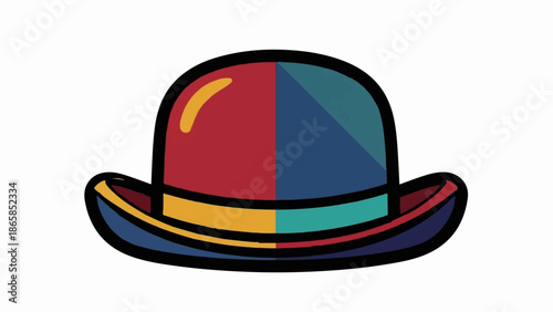 A simple, cartoonish bowler hat in vibrant, contrasting colors, outlined in black