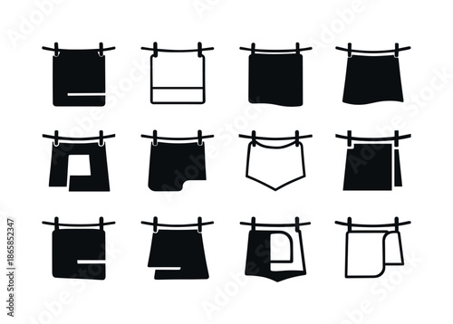 Towel Icon Variations. Hanging a towel to dry. Icon set. Set Logo of hanging a towel to dry: towel on clothesline. harmonious logo variations of the same