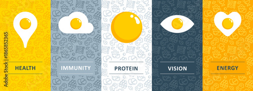 A vector set of templates and design elements in a trendy linear style—seamless patterns with linear icons related to eggs, protein, healthy eating, diet, and nutrition. Logo design templates