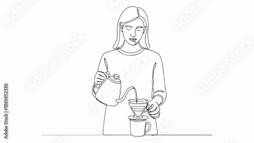 Minimalist illustration of a woman preparing coffee using a pour-over drip coffee maker for a perfect brew