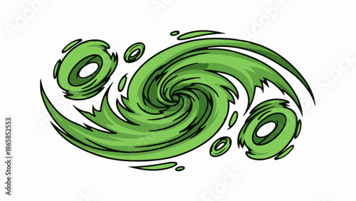 A stylized, green, swirling vortex with detached circular elements