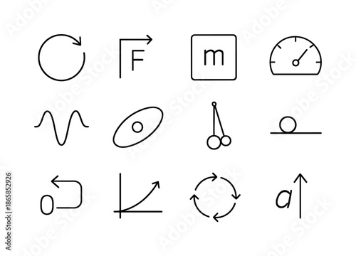 Physics Line Icons. Physics of motion. Line icon set of Physics of motion: rotation arrow, force vector, mass symbol, speed gauge, waveform, orbit line,