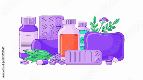 Assortment of purple and orange medical supplies, including bottles, pills, and herbal elements