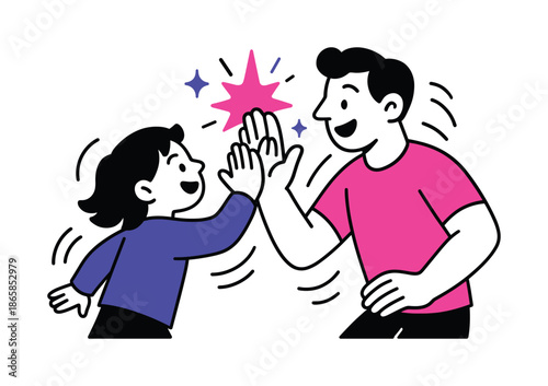 Parent-Child High-Five. Playful bond. A parent and child exchange high-fives; energetic bursts pop around the gesture. Joyful motion lines bring life to the