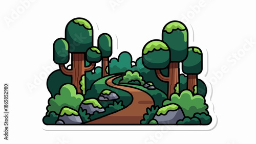 A winding path leads through a stylized forest with cartoonish trees and rocks