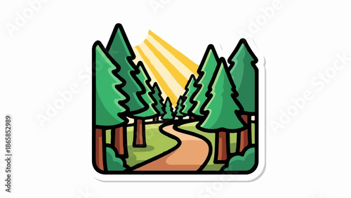 A winding path through a forest with sun rays filtering through trees