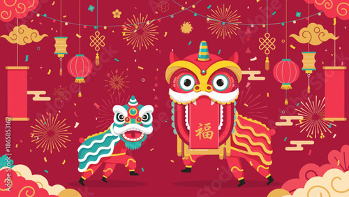 Cultural Celebration, Lion Dance, Festival Grounds, Illustration, Festive Atmosphere, Colorful View, Joyful Concept