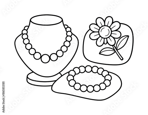 Children's Jewelry Coloring. Classic costume jewelry children?s coloring book illustration, outlined drawing, simple pearl necklace, brooch, and bracelet on