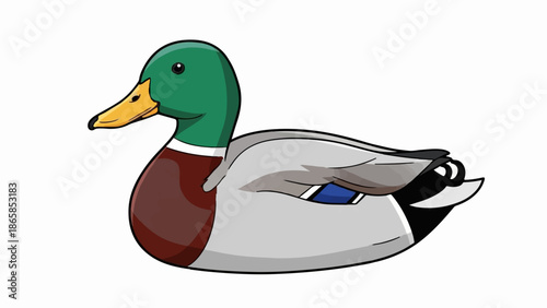 A stylized illustration of a mallard duck with green head and yellow beak