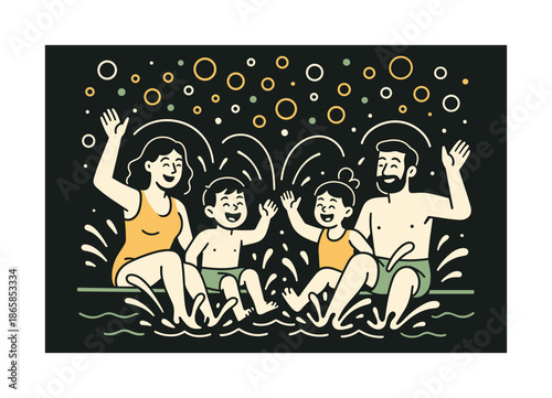Playful Water Fun. Pool laughter. Parents and kids kick water playfully; droplets form glowing arcs. Abstract bubbles rise upward. Modern flat-line