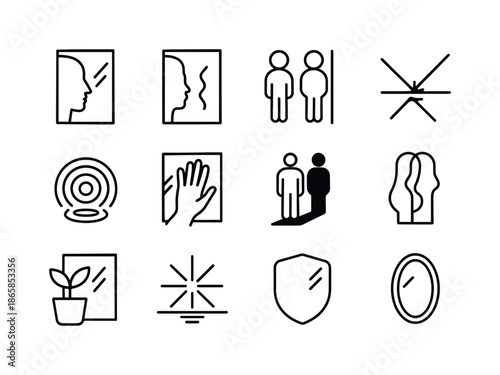 Reflection Icon Set. Reflections. Line icon set of reflections: face reflection, distorted silhouette, double reflection, light beam, reflection ripple,