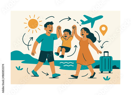 Family Beach Adventure. Vacation joy. A couple lifting their child between them on a beach or trail; floating sun and travel icons. Arrows and curves