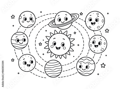 Solar System Coloring. Planet system children?s coloring book illustration, outlined drawing, cartoon planets orbiting a cheerful sun, educational design for