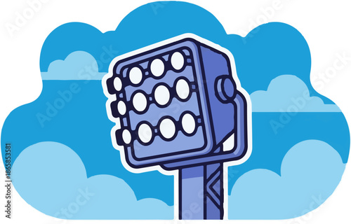 Bright spotlight illuminates the sky, surrounded by fluffy clouds