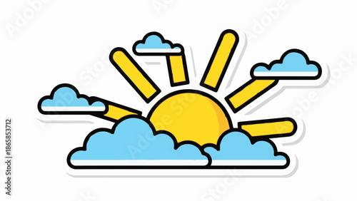 Bright sun peeking through fluffy blue clouds with yellow rays