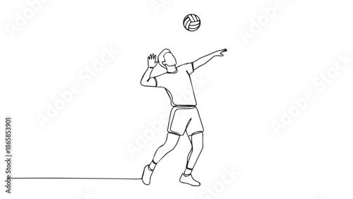 Continuous one-line drawing of a volleyball player in action, capturing the dynamic motion of serving or spiking the ball in a minimalist, elegant artistic style illustration