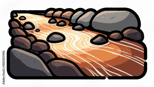 A stylized illustration of a river flowing over stones with warm, glowing light