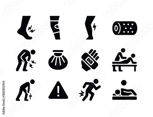 Running Injuries Icons. Running injuries. Solid icon set of Running injuries: ankle pain, knee brace, shin splint icon, foam roller, sore muscle icon, ice