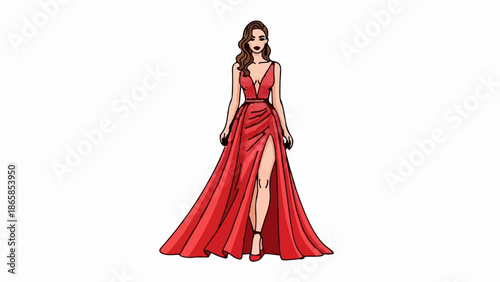 A woman in a flowing red gown with a high slit, standing with wavy brown hair