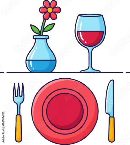 A simple dining setup with a vase, a wine glass, a plate, and cutlery