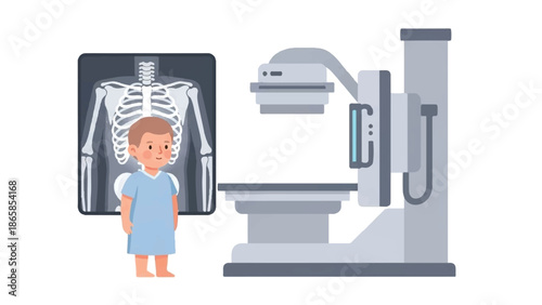 Human Skeleton in MRI Scanner Machine. Medical Diagnostic Radiology Vector Illustration. Healthcare Body CT Scan and Orthopedic Examination on White Background.