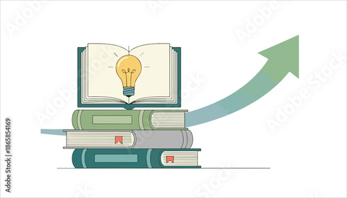 A stack of educational books with an open one displaying a lightbulb, symbolizing knowledge acquisition and intellectual growth, alongside an upward arrow.