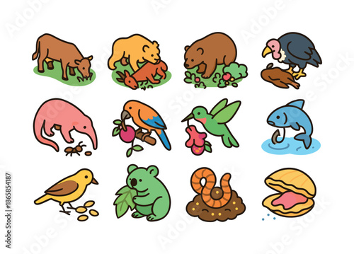 Animal Feeding Icons. Animal feeding habits. Colorful isometric vector icons set of Animal feeding habits: herbivore grazing, carnivore hunting, omnivore
