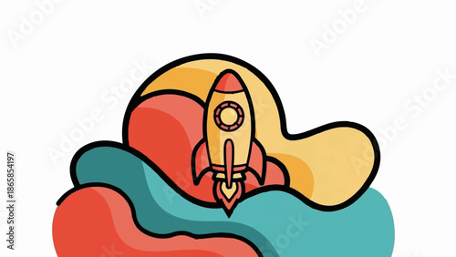 Bright yellow rocket blasting off amidst abstract colorful waves