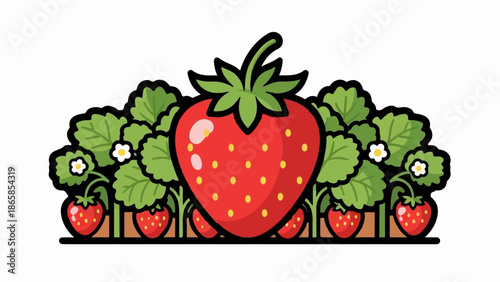 A vibrant illustration of strawberries, leaves, and white flowers in a garden setting