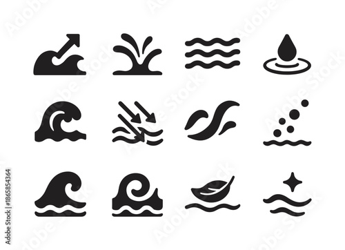 Water Icon Grid. Water movement. Solid icon set of Water movement: wave arrow, splash arc, ripple bar, drop impact, swirl, cascade arrows, curve flow, bubble