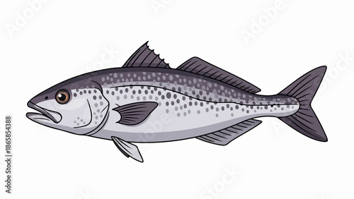 A stylized illustration of a silver-grey fish with dark spots swimming